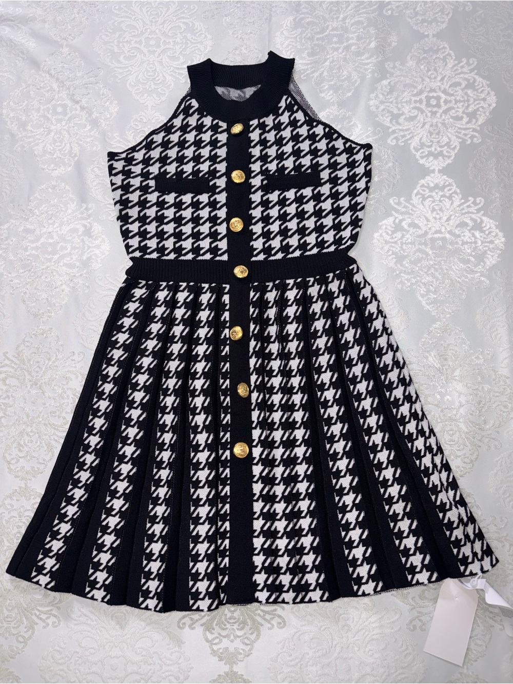 Miss Rosier Jacqueline Black Houndstooth Knit Mini Dress Pleated Size Medium NWT - Picture 3 of 10